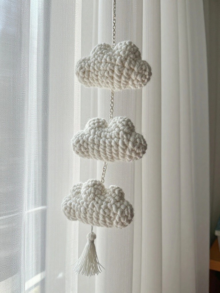 Three crocheted cloud decorations hanging with a side tassel against a sheer curtain.