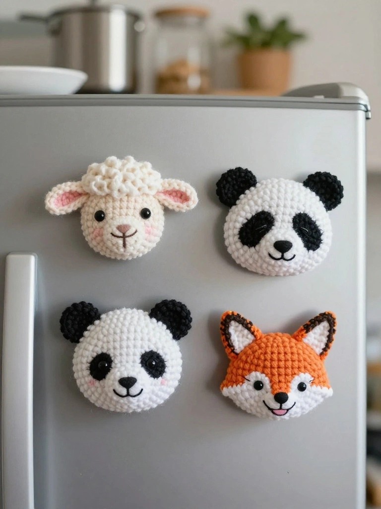 Four small crocheted animal heads sit on a gray refrigerator door showing a sheep, two pandas, and a fox.