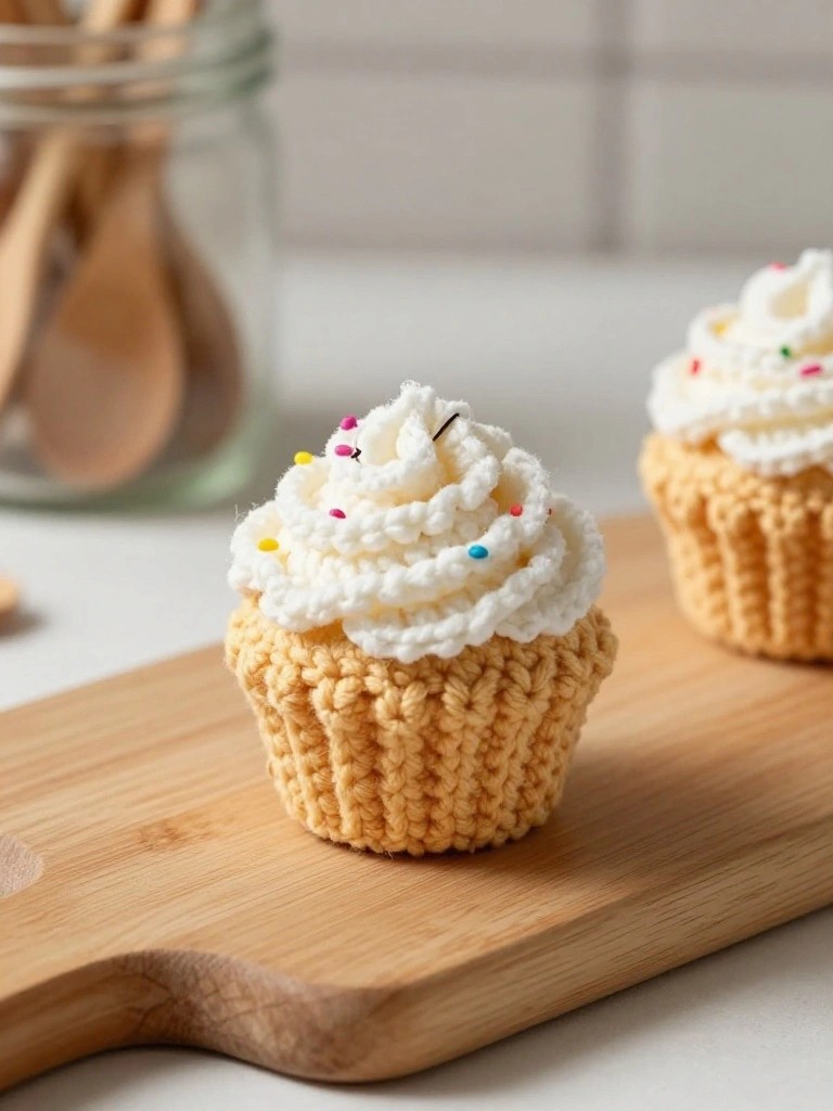 Two knitted cupcakes with white frosting and colorful sprinkles on a wooden board.