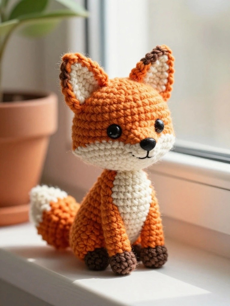 A small crocheted fox with orange, white, and brown yarn sits on a windowsill next to a potted plant.