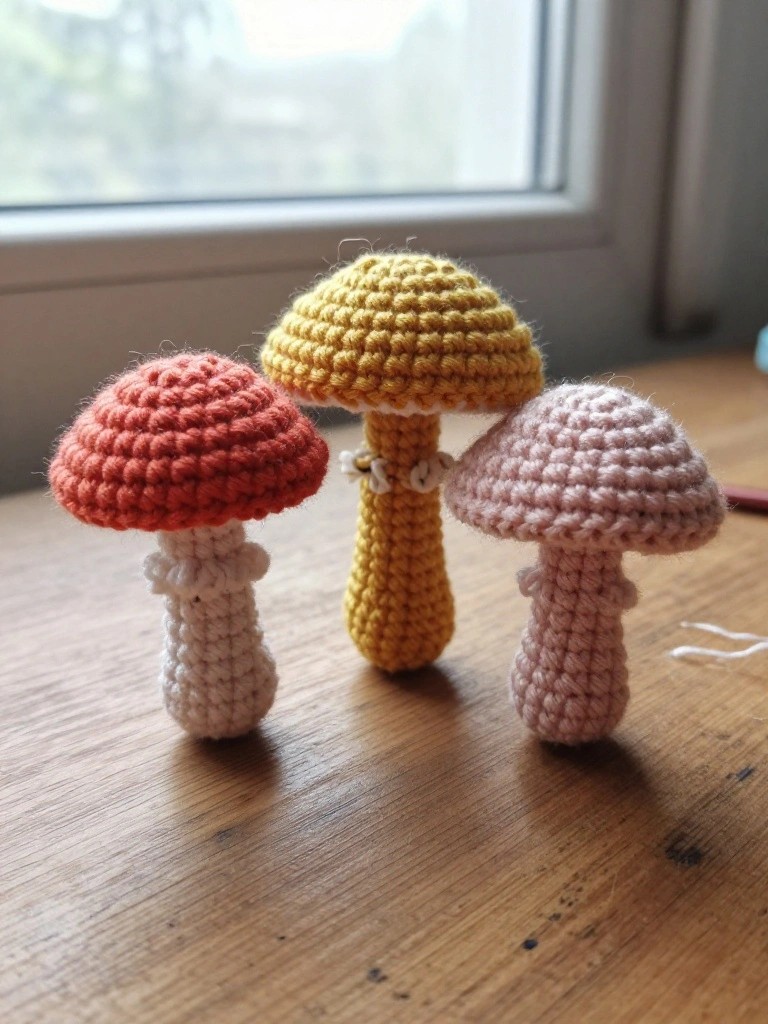Three small crocheted mushrooms in orange, yellow, and pink on a wooden surface.