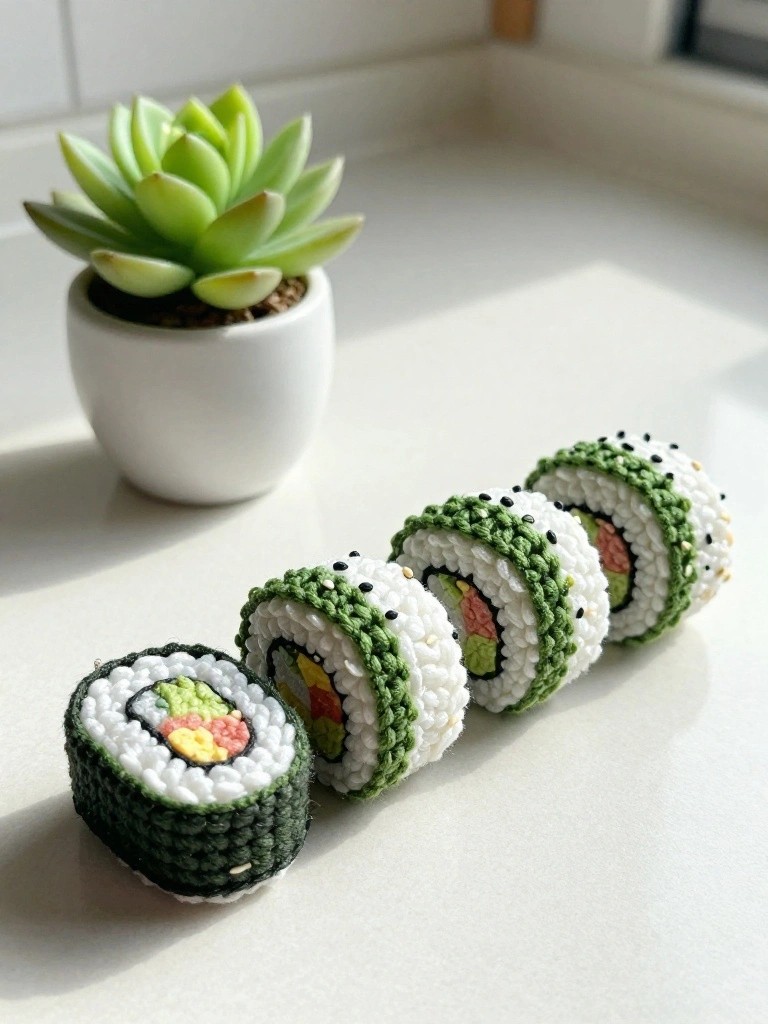 Crocheted sushi rolls arranged beside a small green succulent in a white pot.