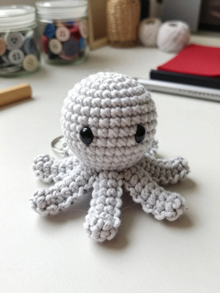 A crocheted gray octopus keychain with black eyes, sitting on a tabletop.