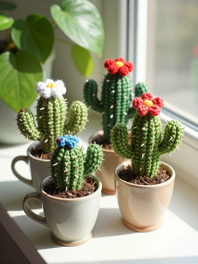 Colorful crocheted cacti in ceramic mugs, featuring flowers, on a sunlit windowsill.