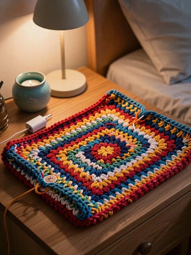 Colorful crocheted blanket on a wooden bedside table beside a lamp and candle.