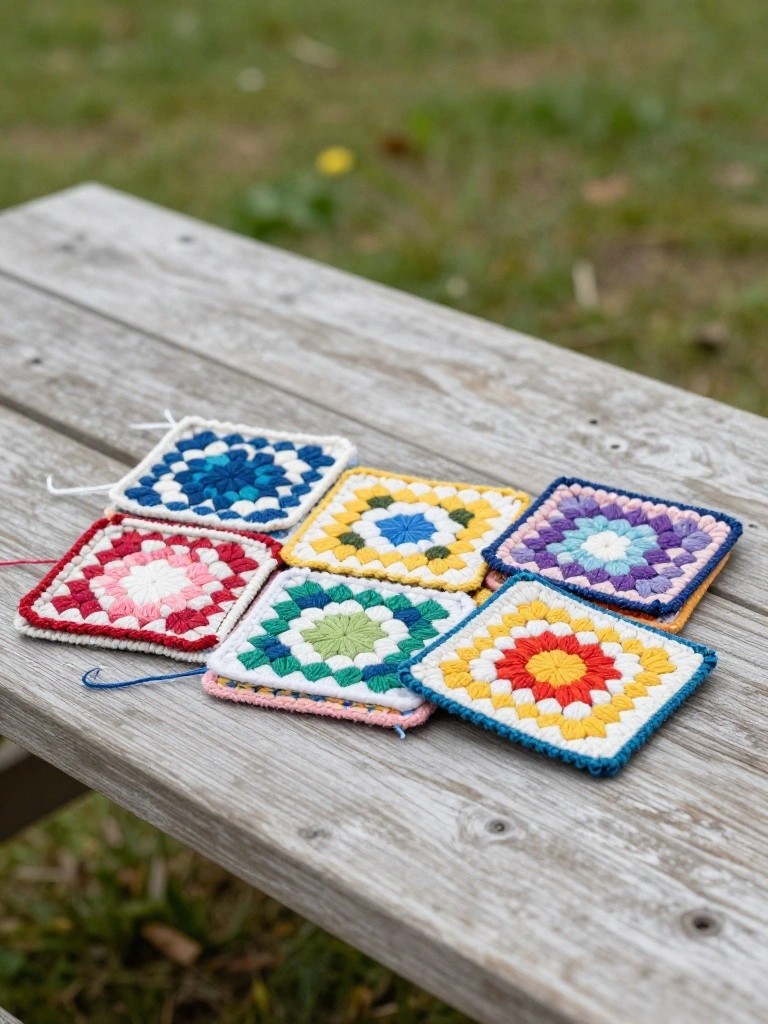 Colorful crocheted squares arranged on a wooden table outdoors, featuring vibrant patterns.