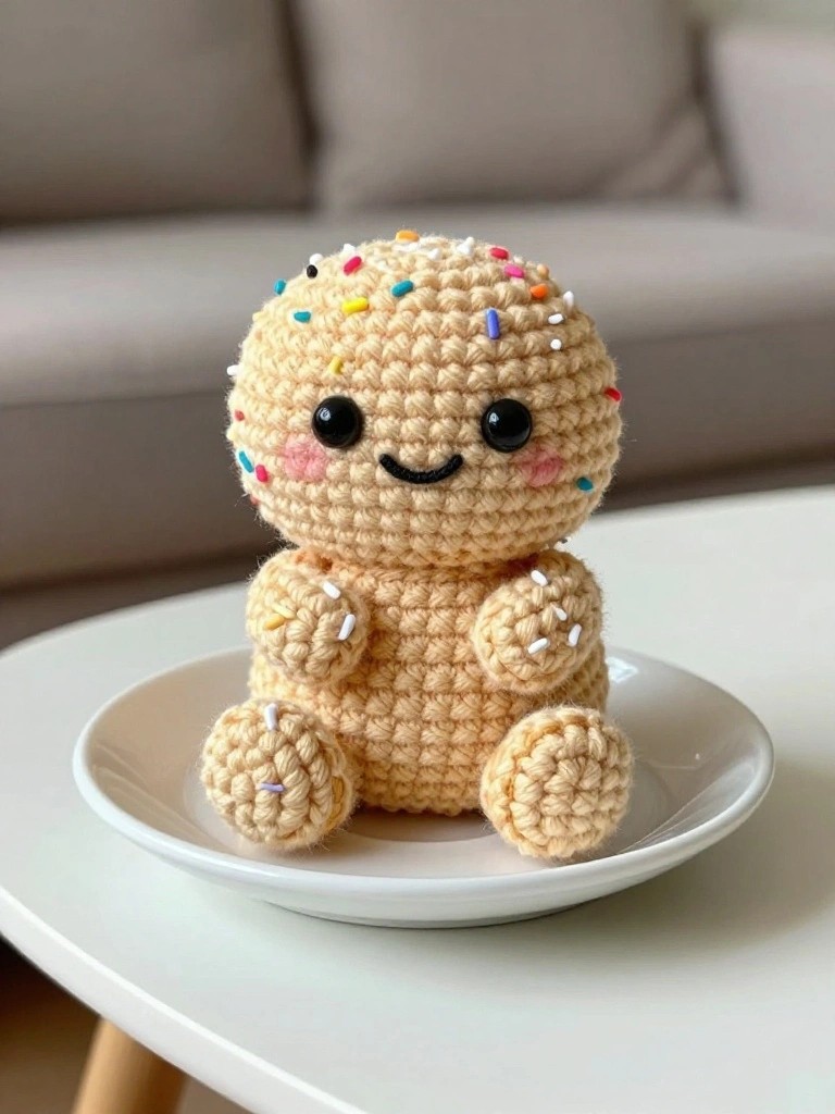 A cute, crocheted plush figure with sprinkles, sitting on a white plate.
