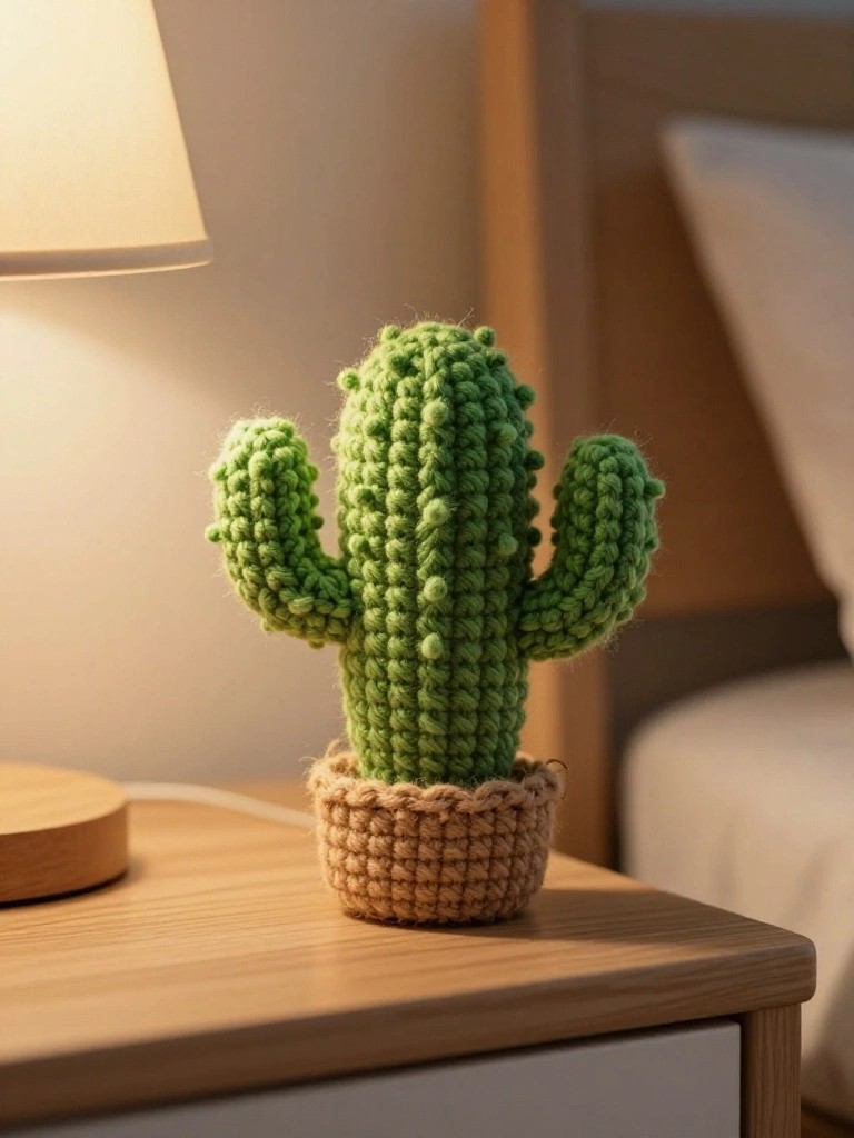 A small green crocheted cactus with two arms sits in a brown crocheted pot on a wooden nightstand.
