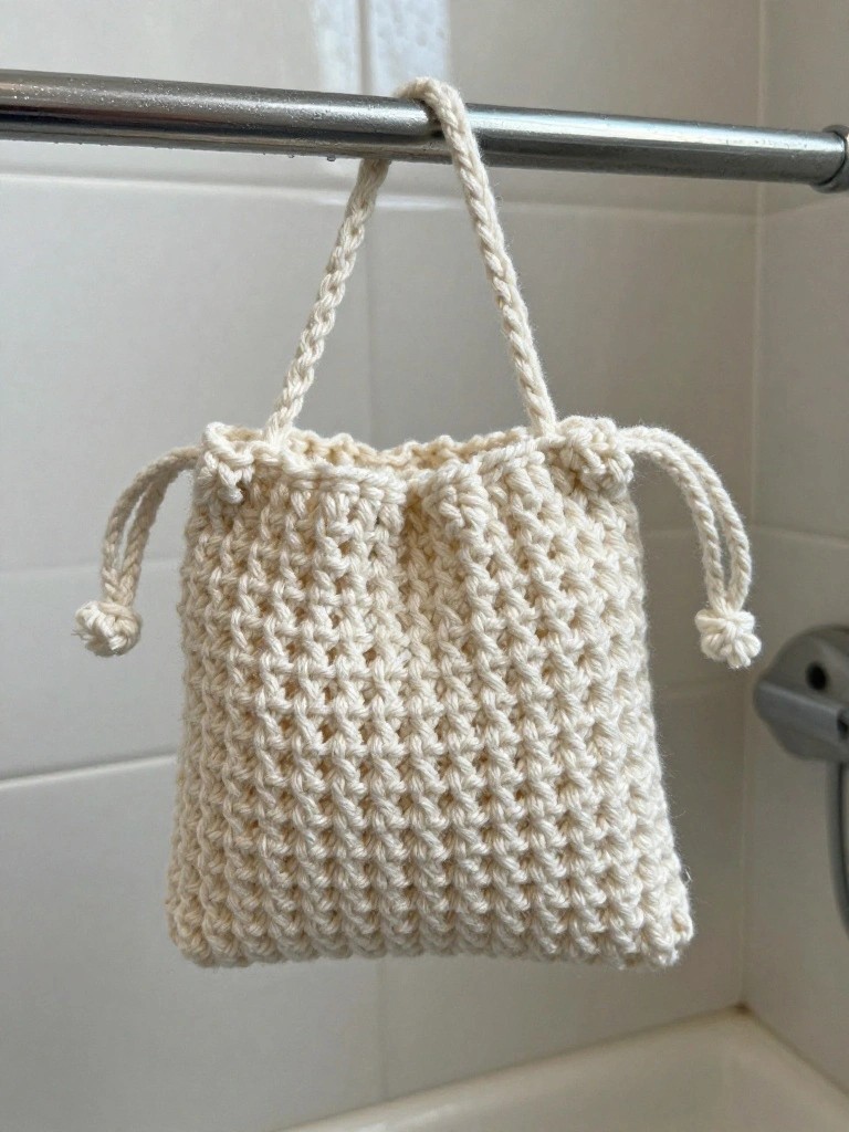 A small off-white crocheted pouch with a drawstring top and braided handle hanging from a metal bar.