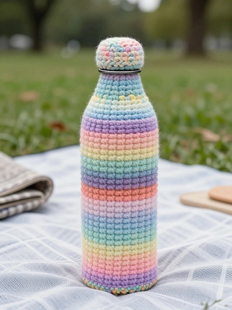 A metal water bottle covered in pastel rainbow striped crochet with a matching pom-pom on top rests on a blue and white checkered cloth outdoors.
