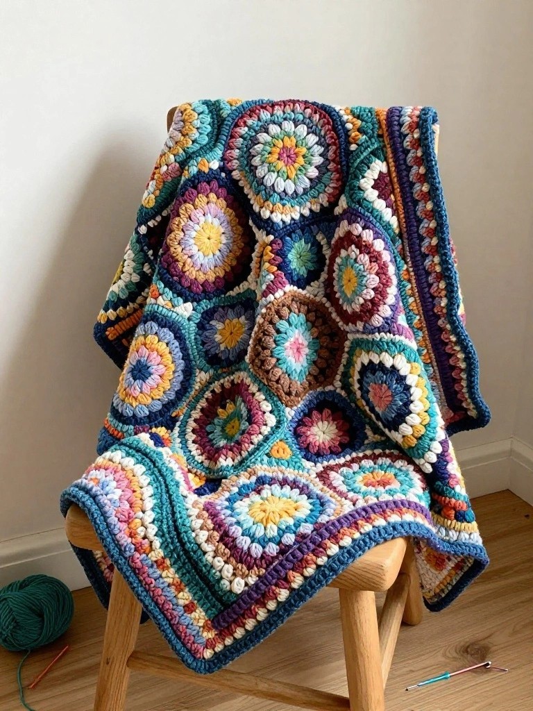 A colorful crochet blanket draped over a wooden chair, featuring circular patterns and vibrant hues.