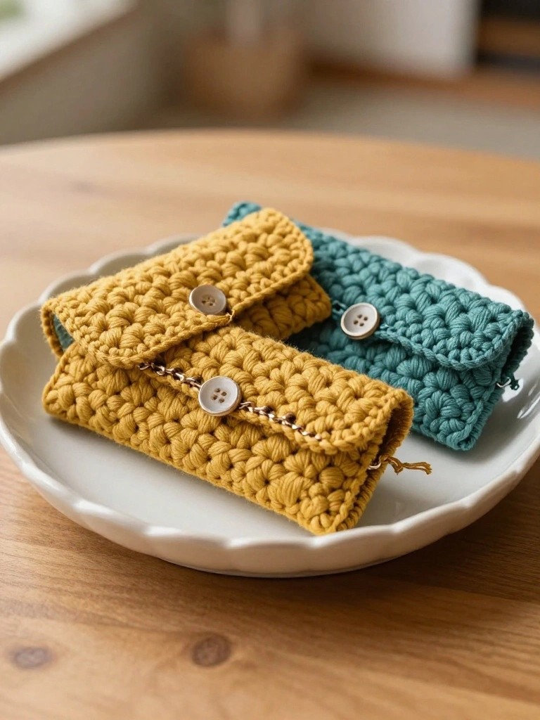 Two crocheted wallets in mustard yellow and teal, placed on a white plate.