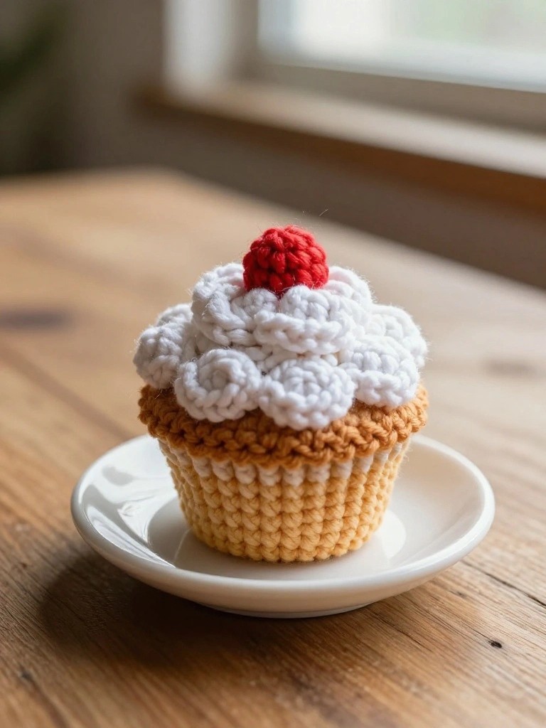 A crocheted cupcake with white frosting and a red cherry on a white plate.