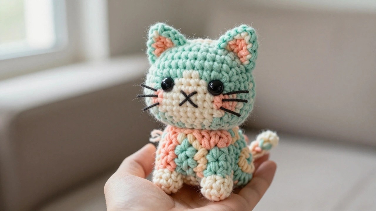 A hand holds a small crocheted cat toy made in mint, peach, and cream yarn with black eyes and pink inner ears.
