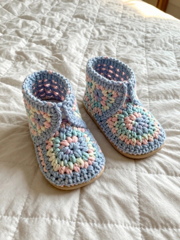 Crocheted baby booties in pastel colors, featuring a circular design and soft soles.