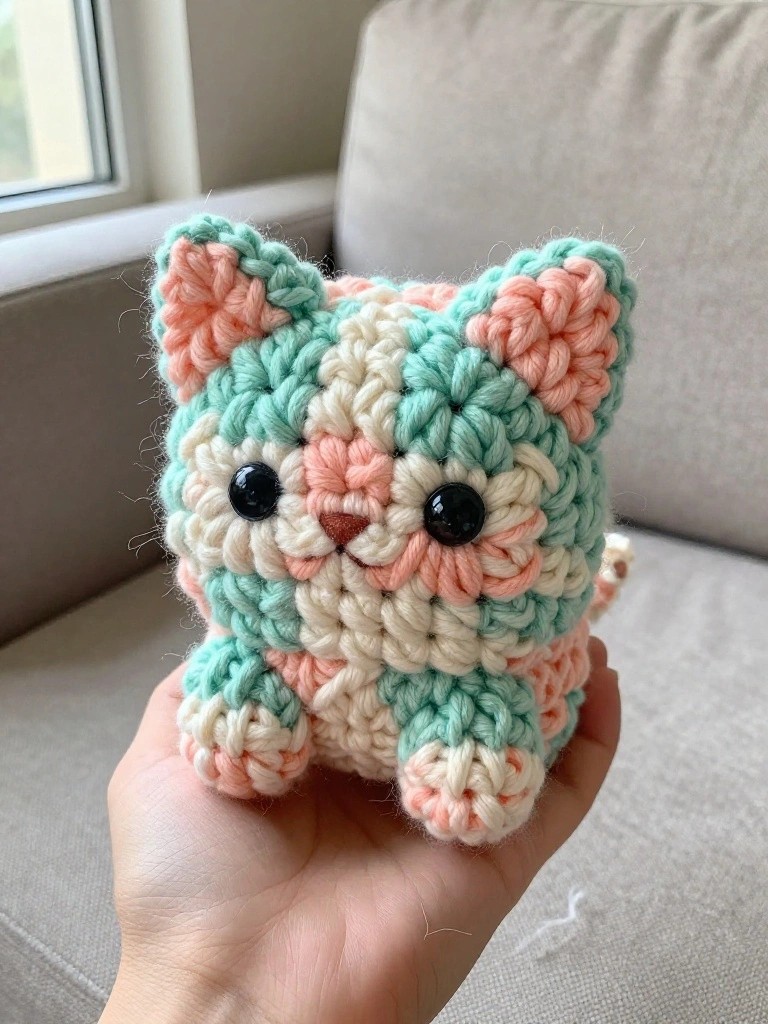 A hand holds a small crocheted cat toy made in mint, peach, and cream yarn with black eyes and pink inner ears.