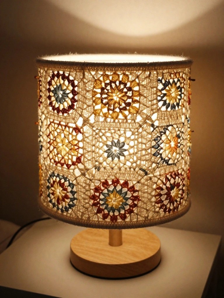A decorative lamp with a crocheted shade displaying colorful floral patterns on a wooden base.