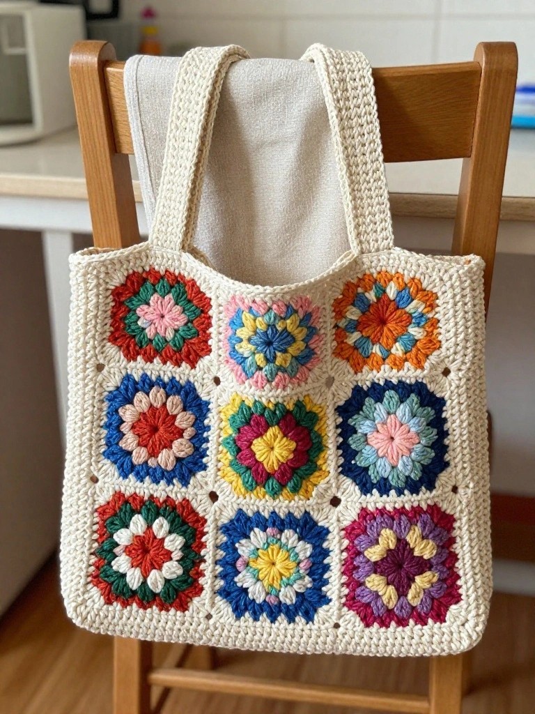 Crocheted tote bag with colorful square motifs hanging on a wooden chair.