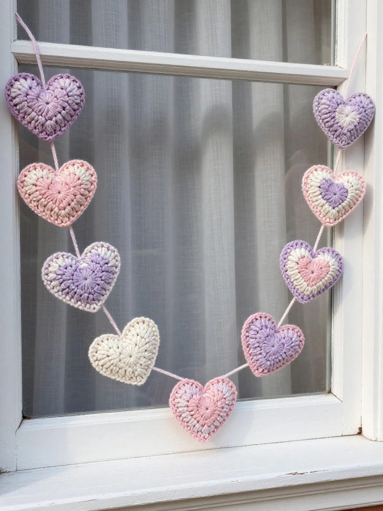 Crocheted heart garland in pastel colors hanging in a window.