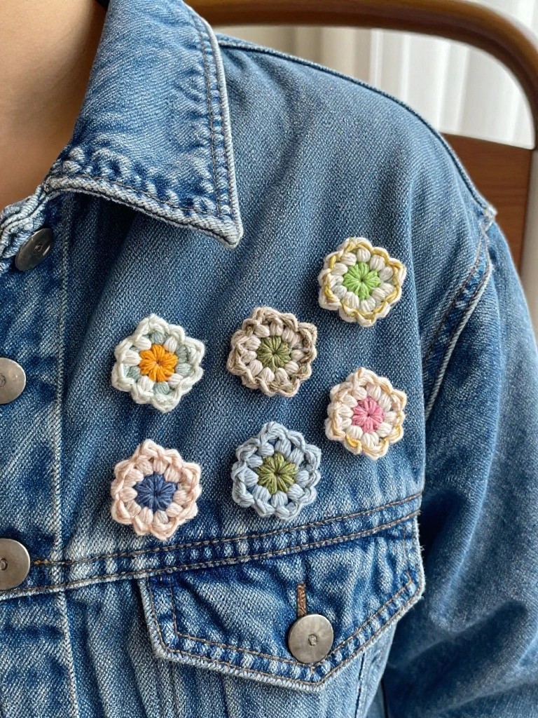 Denim jacket with colorful, crocheted flower patches arranged on the shoulder.