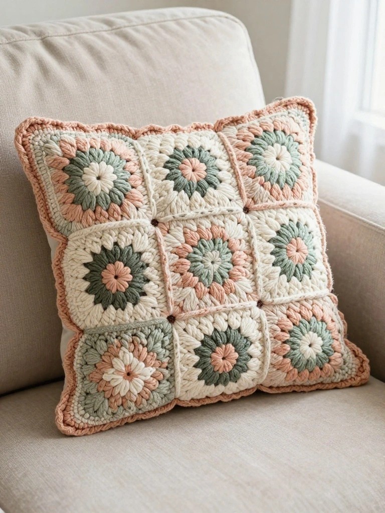 Crocheted pillow in pastel colors with floral patterns, resting on a beige sofa.