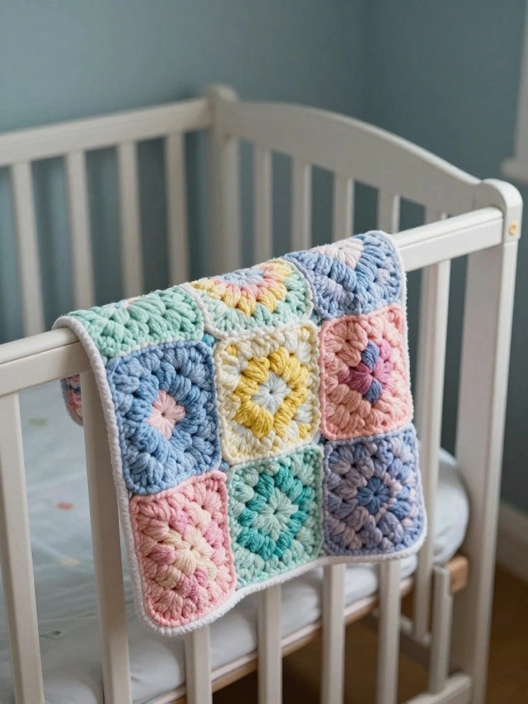 A multicolored granny square blanket draped over the rail of a white crib.