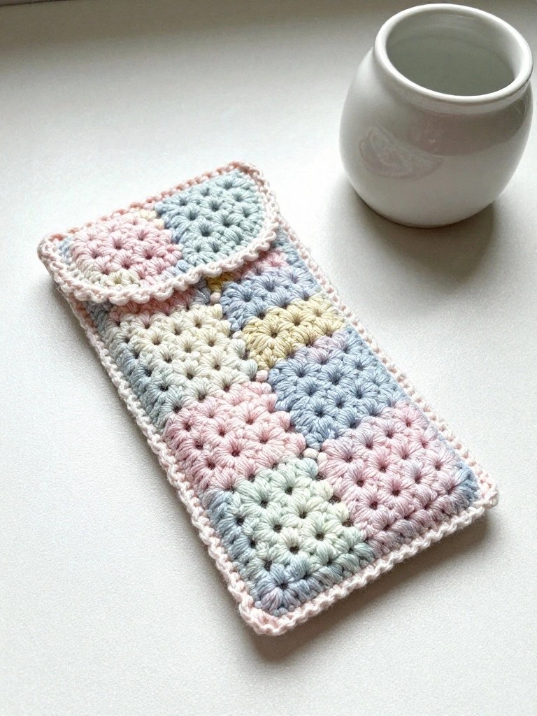 Crocheted pastel patchwork pouch beside a small white ceramic cup on a light surface.