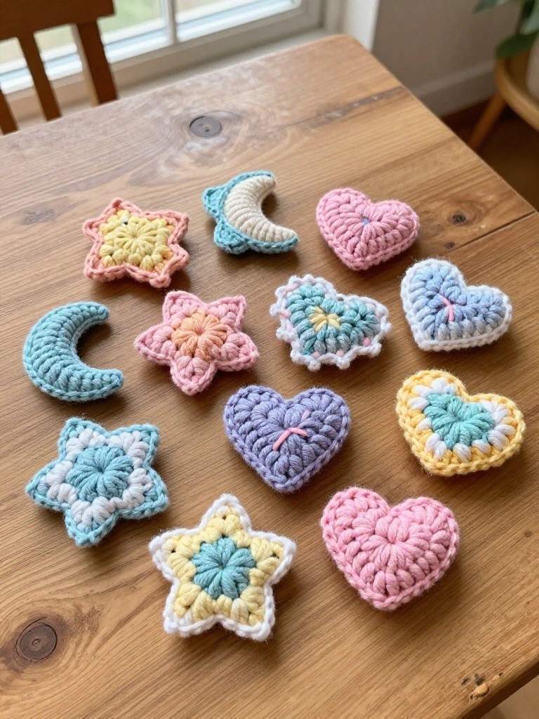 Colorful crocheted shapes including stars, hearts, and moons arranged on a wooden table.