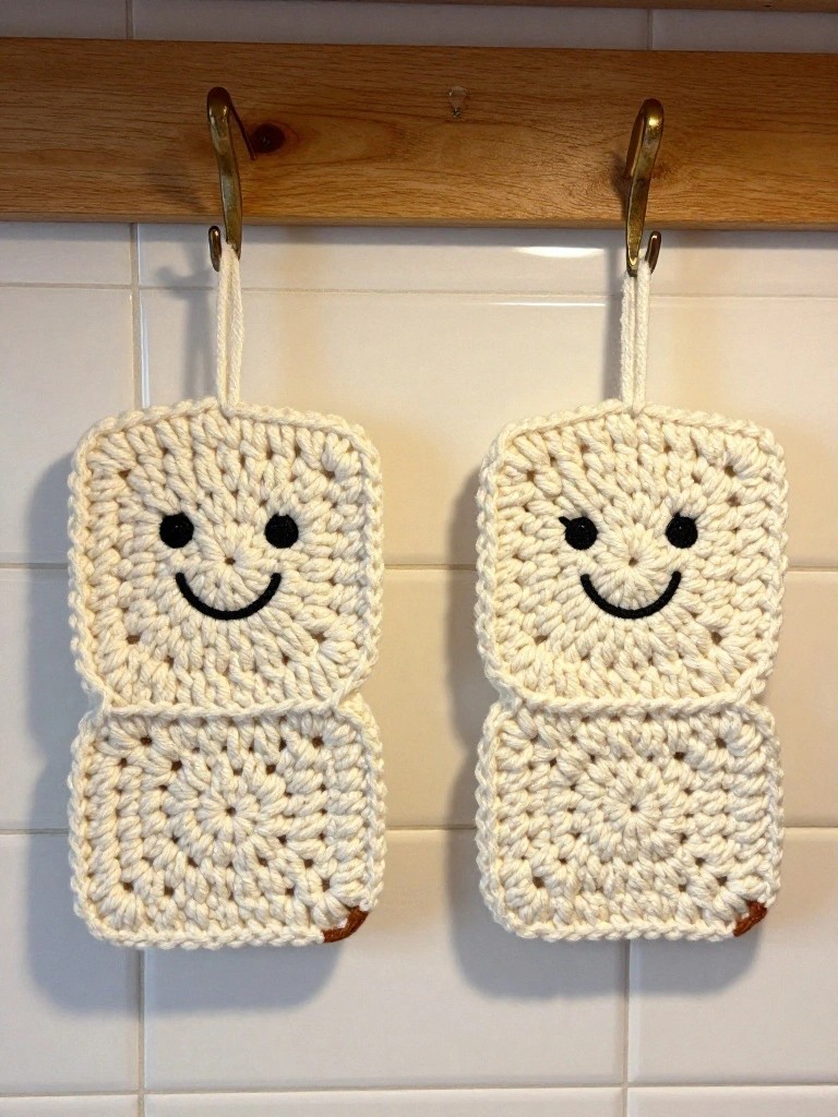Two crocheted pot holders with smiling faces, hanging from hooks on a wooden rack.