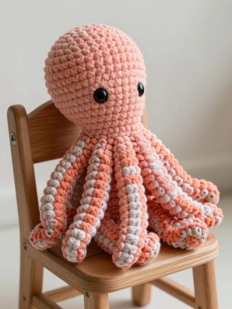 A crocheted octopus in peach and white sits on a wooden chair.