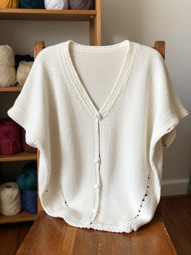 Cream-colored knitted garment with a V-neck and buttons, displayed on a wooden chair.