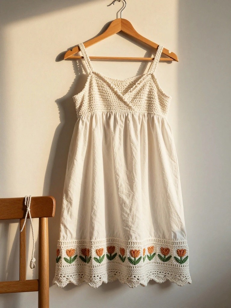 Crochet Dress with Embroidered Floral Hem