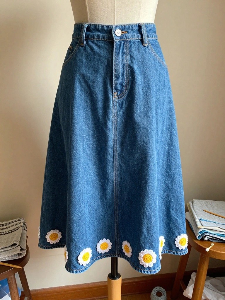 Daisy Appliques on a Denim Skirt Hem