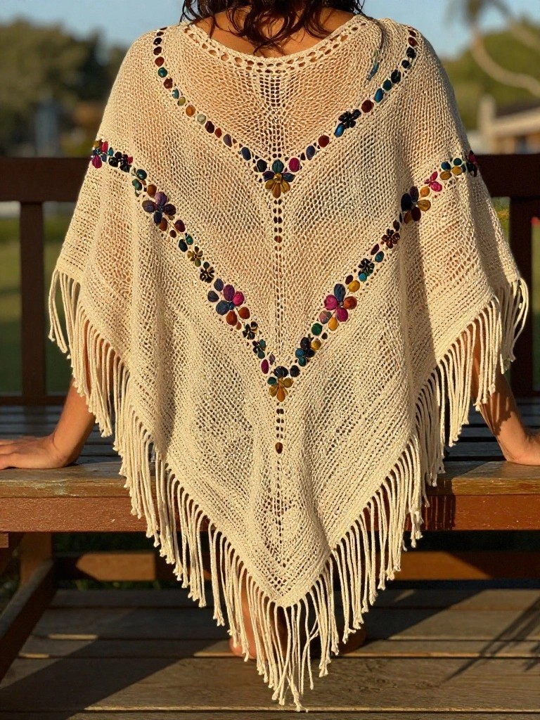 Floral Motif Poncho with Fringe Trim