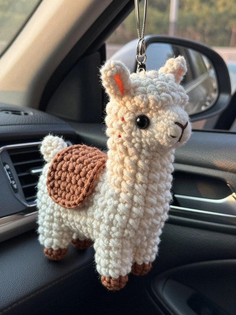 Crocheted Llama Keychain with Saddle Accent