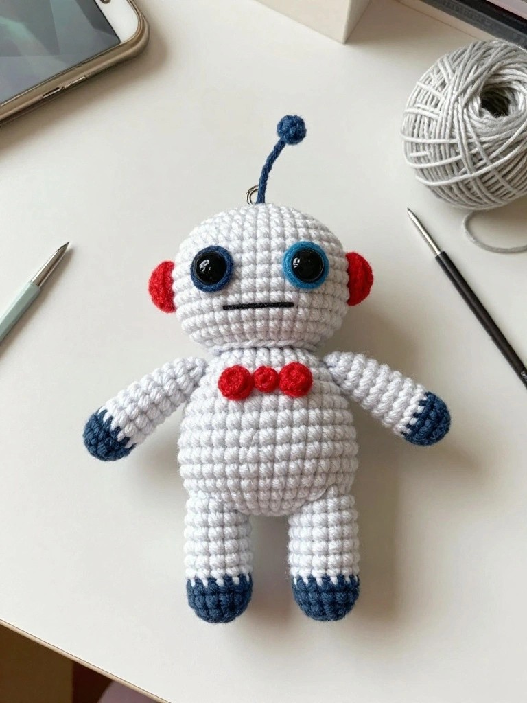 A small crocheted robot with a white body, blue hands and feet, red cheeks and buttons, and a blue antenna rests on a white table near crochet hooks and yarn.