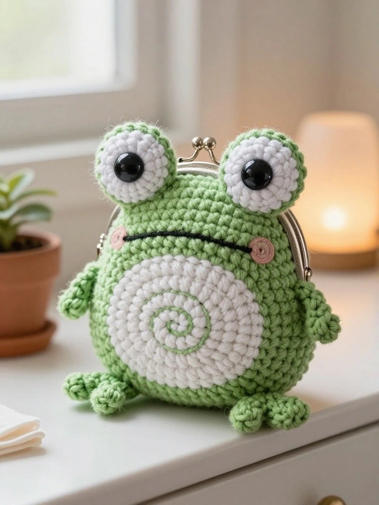 A green crocheted frog coin purse with large white eyes, a white belly spiral, and a metal clasp sits on a white surface.