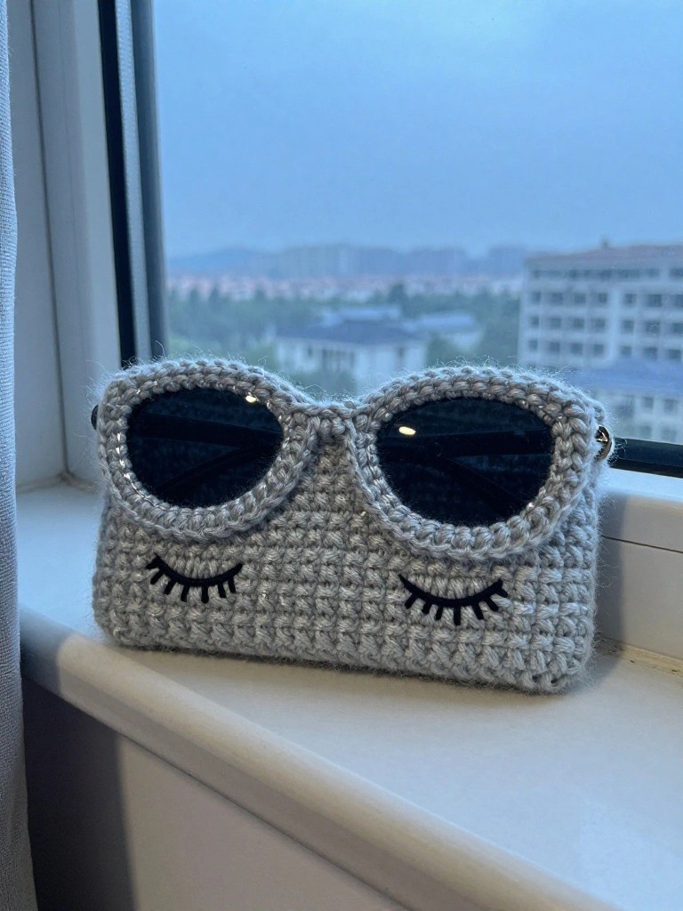 A gray crocheted pouch shaped like sunglasses with dark lens sections and embroidered eyelashes rests on a windowsill.