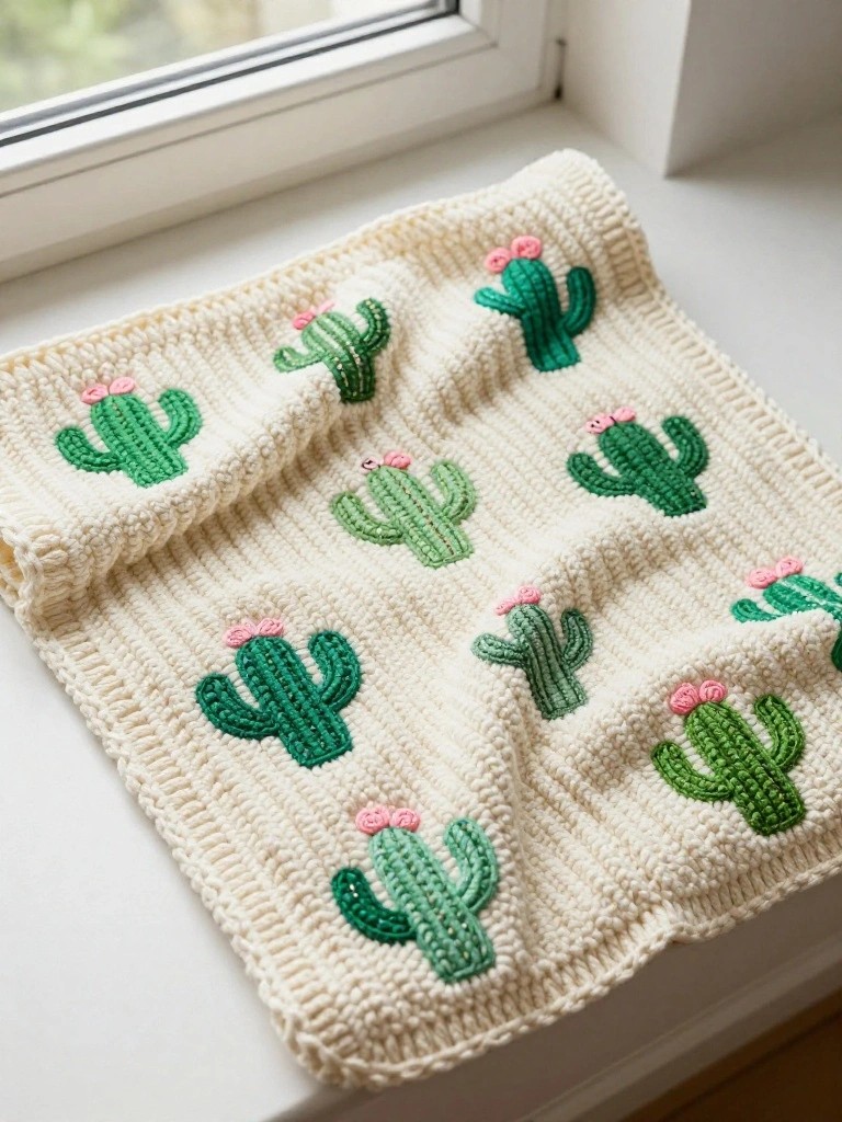 Cactus Applique Blanket for Neutral Decor