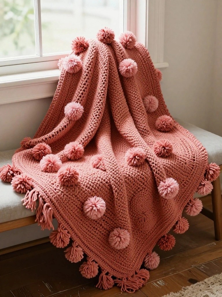 Chunky Crochet Throw with Scattered Pom-Poms