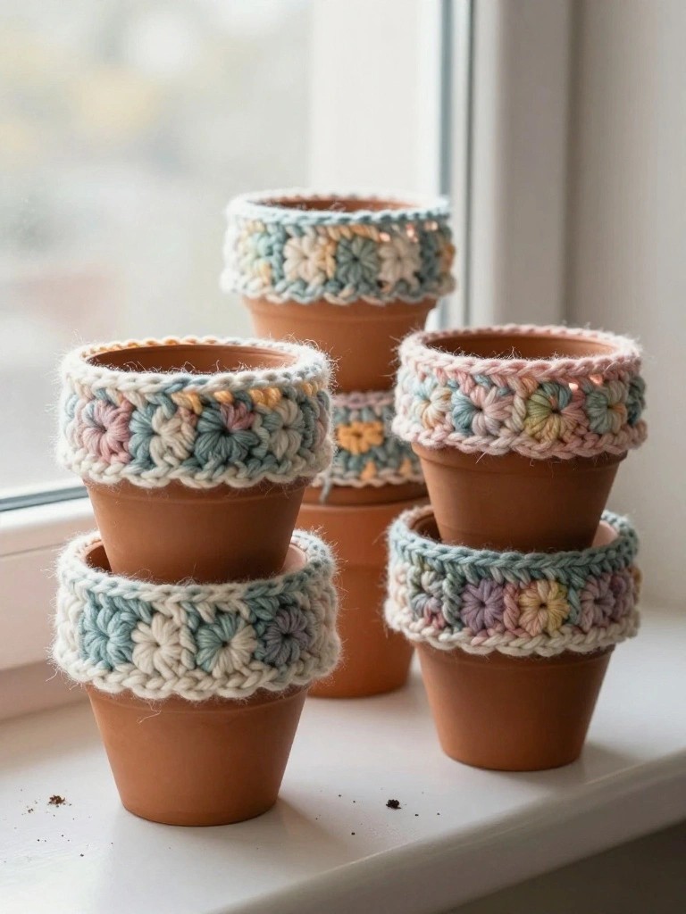 Crochet Floral Cuffs for Terracotta Plant Pots