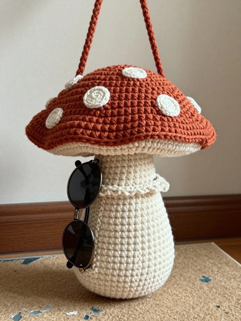 A crocheted mushroom-shaped pouch in orange-brown and cream with white spots and a strap, holding sunglasses on its side.