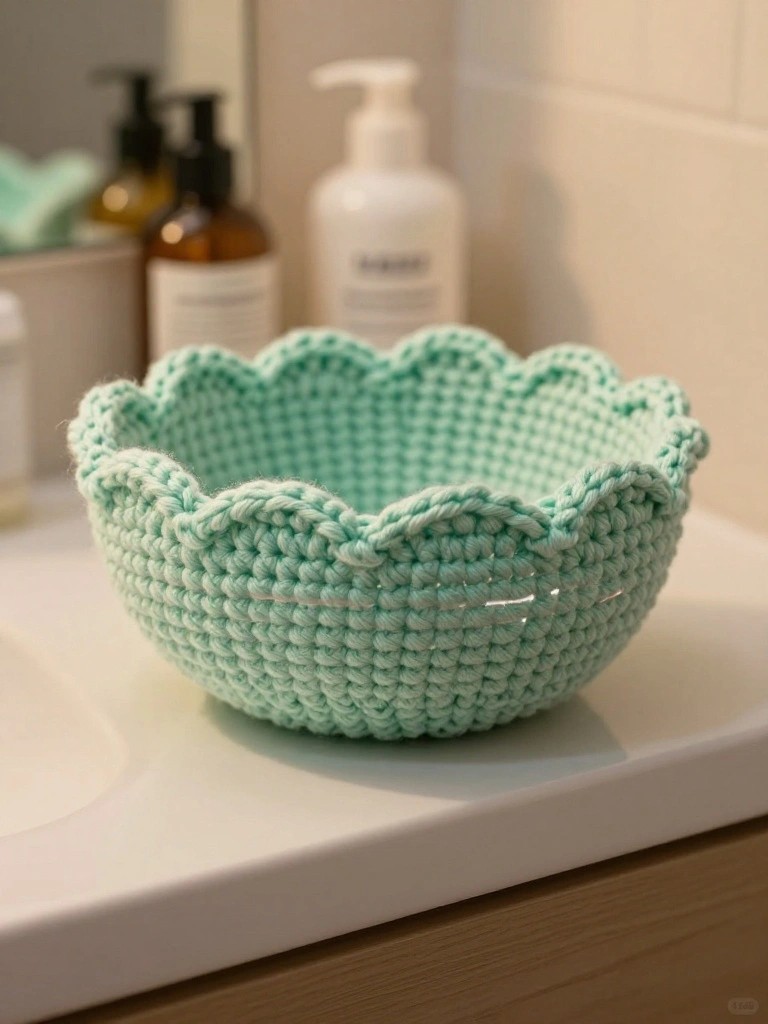 A mint green crocheted basket with a scalloped edge rests on a white bathroom counter.