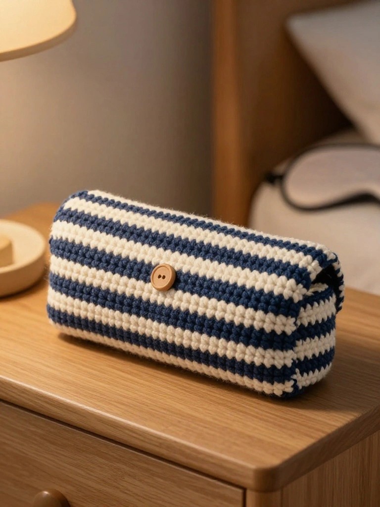 A rectangular crocheted pouch with blue and white horizontal stripes and a brown button rests on a wooden nightstand.