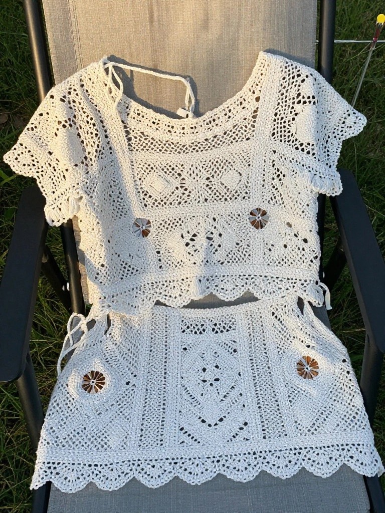 White crocheted two-piece outfit with lace patterns and ties laid flat on an outdoor chair.