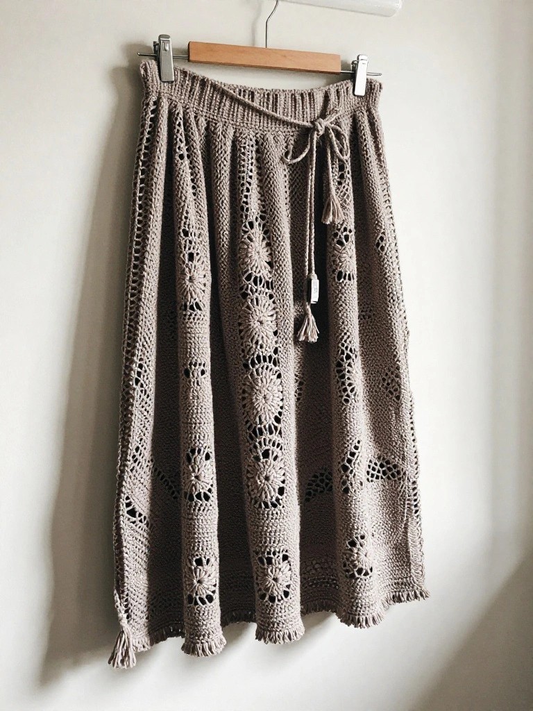 Lacy Openwork Crochet Skirt with Tassel Hem