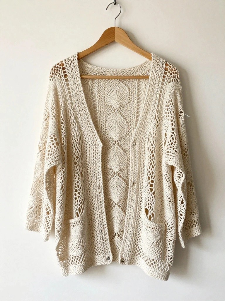 Relaxed Openwork Cardigan with Pockets