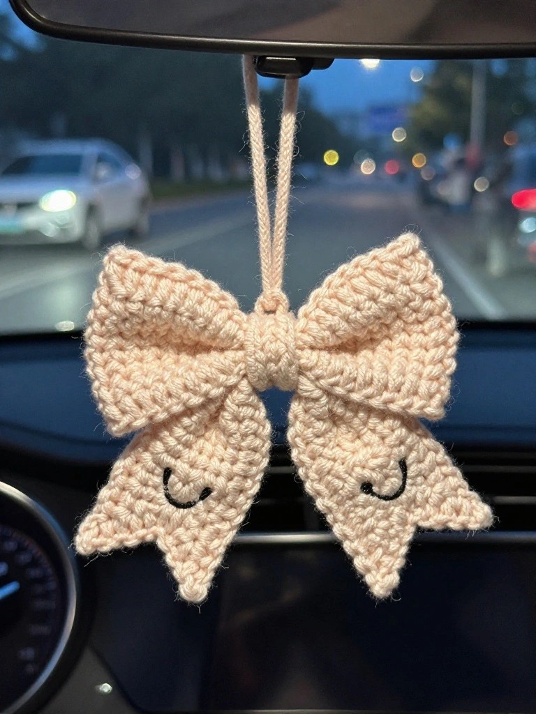 Bow Charm with Embroidered Faces