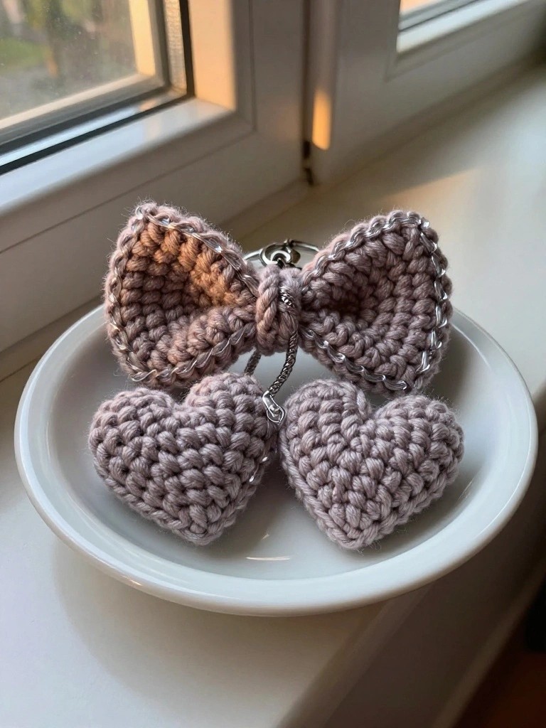 Bow Keychain with Attached Heart Charms