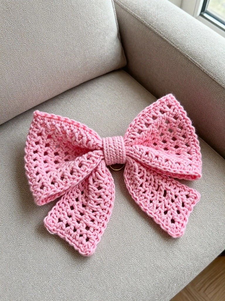 A pink crocheted bow with an open lace pattern attached to a keyring on a gray fabric surface.